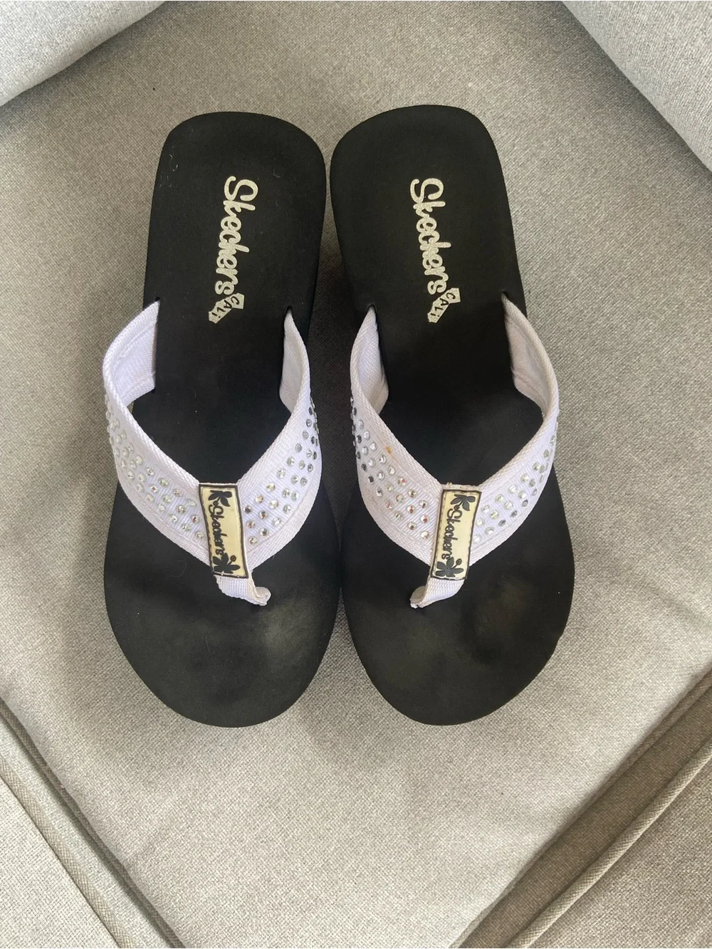 Skechers Black Platform Wedge Thongs with White Studded Straps